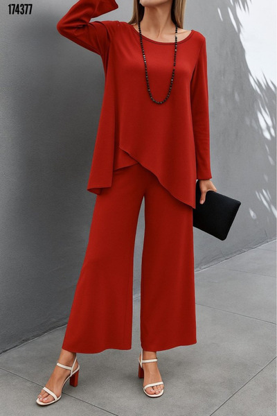 Modayakamoz Yeni Sezon Kadın Sandy İkili Takım Viskon Uzun Kollu Bluz ve Pantolon