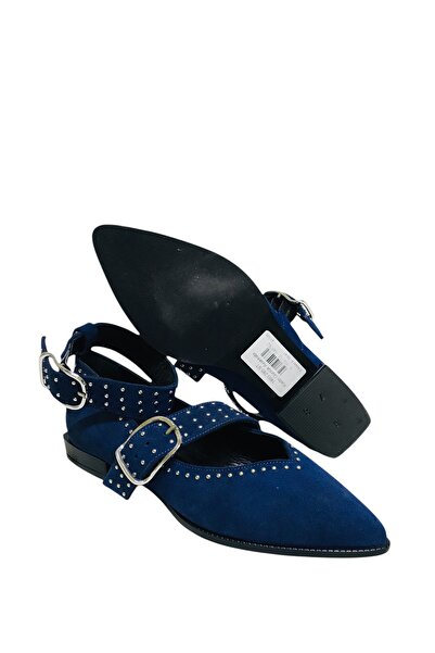 DRY SHOES Hakiki Deri Mavi Kadın Babet Günlük Ayakkabı Düz Taban Sivri Burun Troklu Tokalı X-1803