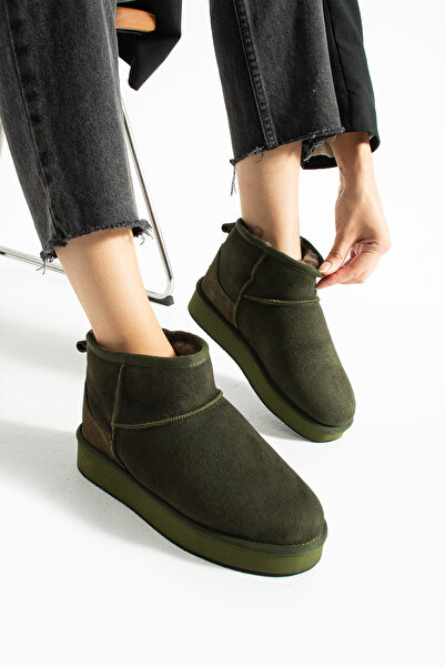 Güllü Shoes Haki Süet İçi Kürklü Kışlık Kadın Bot – Süet Kısa Bot, Kadın Kışlık Ayakkabı, Kürklü Kadın Bot