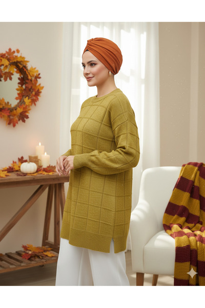 FERHEL Women's Square Patterned Slit Soft Knit Tunic