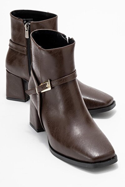 CCWAY AYAKKABI Γυναικείες μπότες με τακούνι με αγκράφα με αμβλύ μύτη ΚΑΦΕ ΔΕΡΜΑ