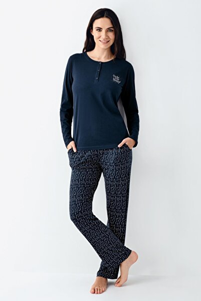 Arnetta Women's Navy Blue Buttoned Pajama Set, Bottom Pajama with Pockets and Pattern, 50% Cotton 50% Modal