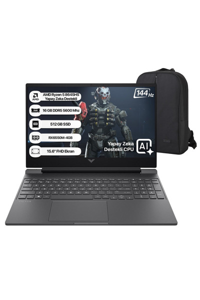 HP Victus AMD RYZEN-5 8645HS 16GB RAM 512GB SSD RX6550M Fdos 15.6" FHD 144Hz IPS Notebook & Çanta