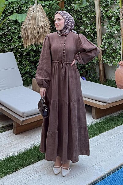 lamelif Φόρεμα με κορδόνι στη μέση, μαύρο καφέ