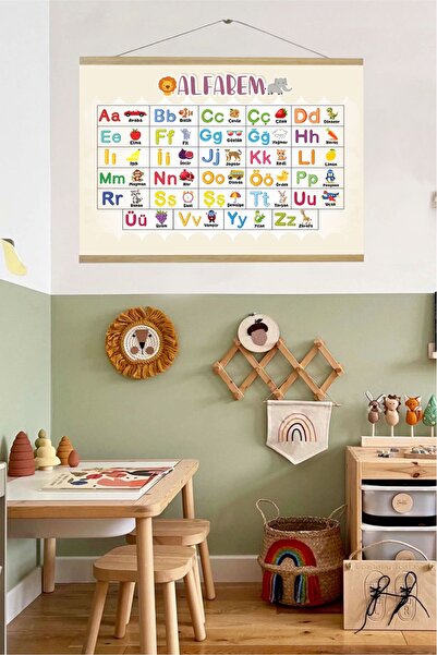 Piksel Grafik Eğitici Renkli Alfabe Askılı Kanvas Poster - Bebek Çocuk Odası