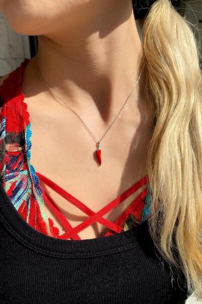 Spossy Silver Jewelry 925 Ayar Gümüş, Kırmızı Mineli Biber Kolye