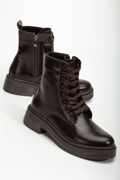 Hayalimdeki Ayakkabı Kadın Parlak Günlük Kahverengi Cilt Kalın Tabanlı Postal Bot