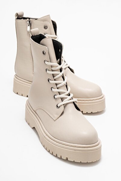 CCWAY AYAKKABI حذاء نسائي طويل بنعل مسطح بيج جلد بيج