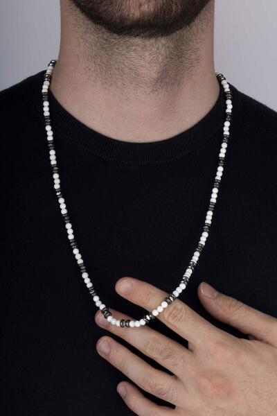 Gümüş Pazarım Hematite Round Cut Natural Stone Men's Necklace