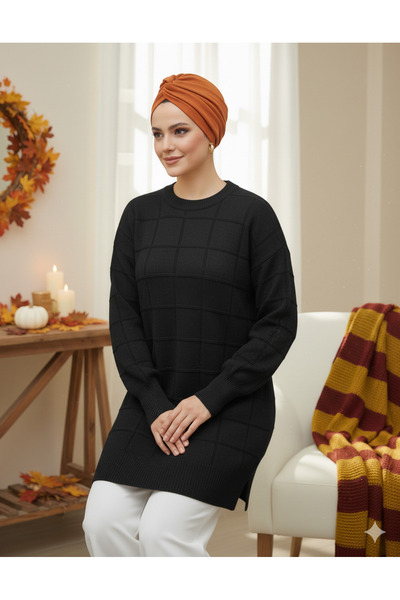 FERHEL Women's Square Patterned Slit Soft Knit Tunic