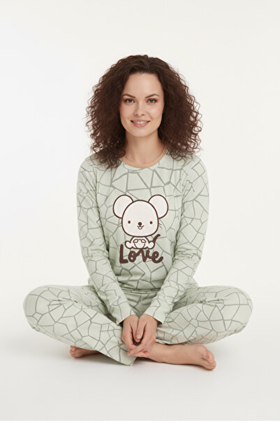 Bravie Luxury Thermal Love Patterned Women's Fleece Winter Pajama Set – 42013