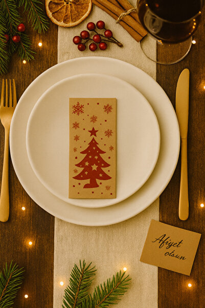 Dekals 20 Adet Kraft Yılbaşı Desenli Kağıt Peçete Çam Desenli Doğal Peçete