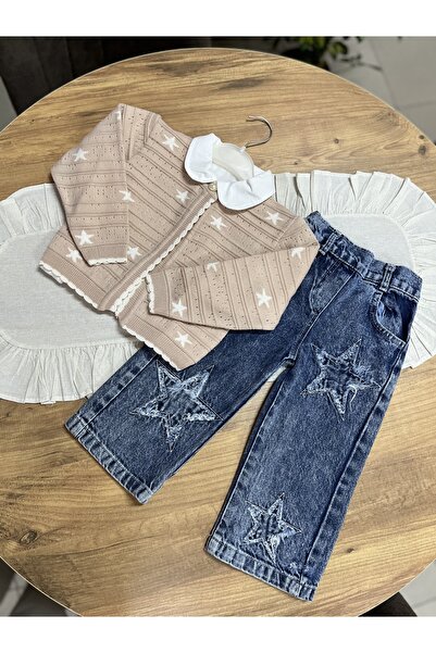 Kız çocuk kot pantolon gömlek hırka 3’lü set