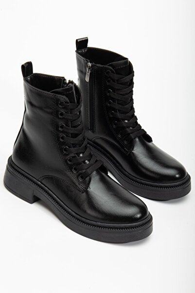 Hayalimdeki Ayakkabı Kadın Parlak Günlük Siyah Cilt Kalın Tabanlı Postal Bot