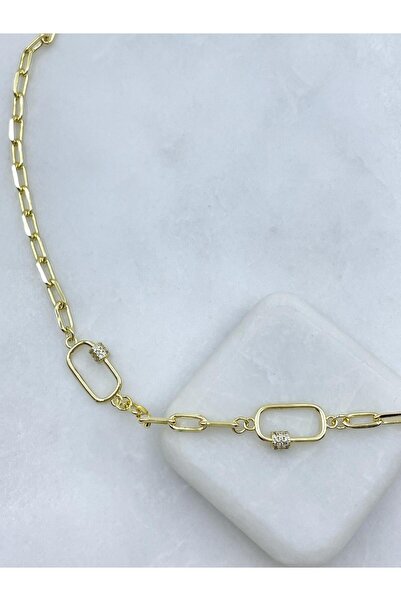 Seda Bijuteri Altın Kaplama Gömme Taşlı Ataç Zincir Kolye Gold