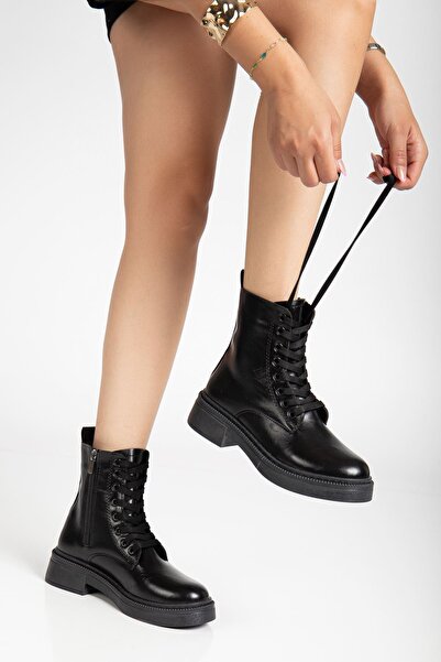 Hayalimdeki Ayakkabı Kadın Parlak Günlük Siyah Cilt Kalın Tabanlı Postal Bot