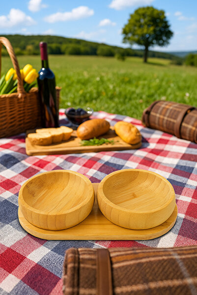 YAZICI 2'li Bambu Çerezlik Seti Doğal Bambu Modern Tasarım Yuvarlak Set