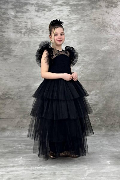 Tarz Çocuk Floor Length Long Girls' Evening Dress with Tiered Fluffy Tulle Skirt