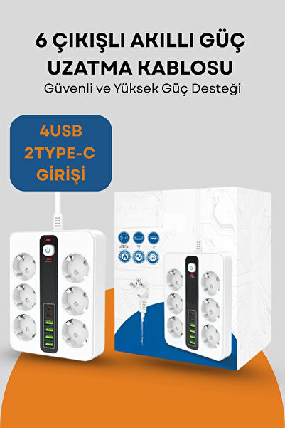 Yussraw Pro P11 6x Priz 3000W Termal Akım Korumalı 4x USB 2x Type-C Girişli Çoklu Priz