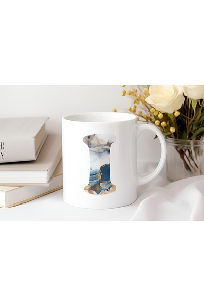 Beramussa كوب منقوش برخام بحرف I - تصميم أزرق عصري - هدية كوب للقهوة والشاي