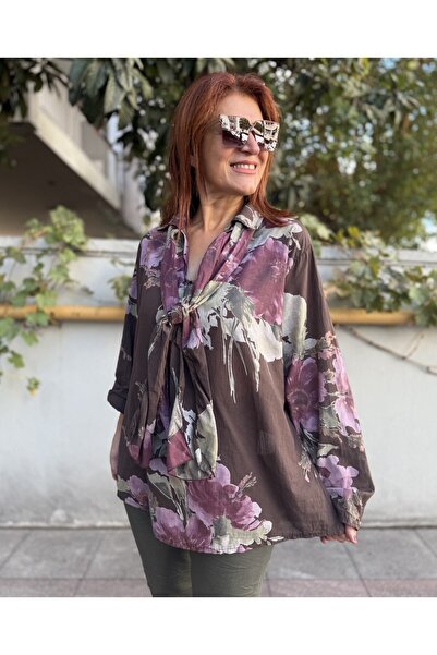 DenizEge Италианска риза с шал, плетен пуловер, кремав цвят