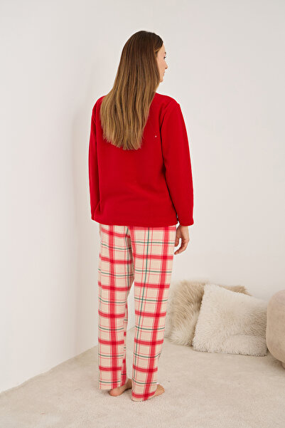 Siyah İnci Κόκκινο ελάφι Κεντημένο καρό φλις χειμερινό πλεκτό σετ πιτζάμες