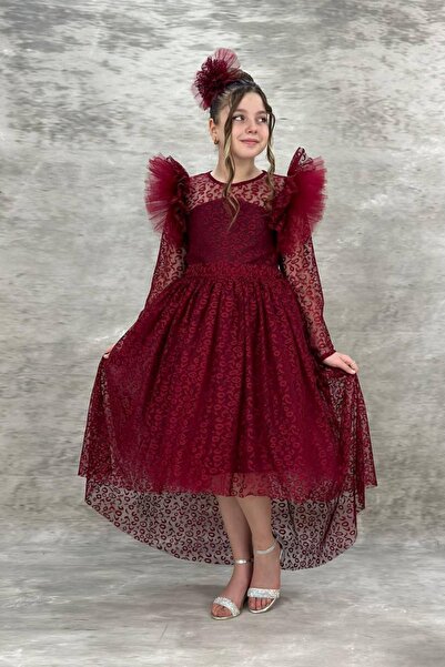 Tarz Çocuk Girls' Long Sleeve Lace Front Short Back Long Evening Dress