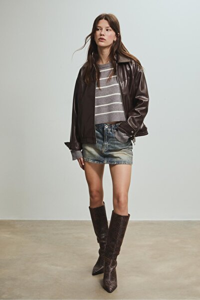 Stradivarius Çizgili crop örgü kazak