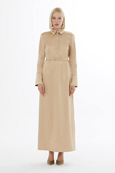 kı.we Uzun Kollu Yakalı Kemerli Uzun Elbise