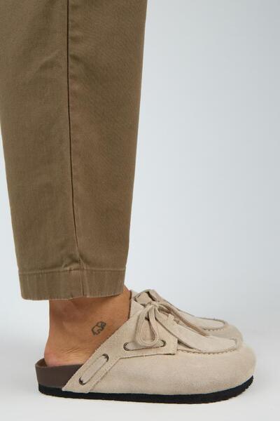 Manijero Karis Women's Genuine Leather Lace-Up Sabo Beige Slippers