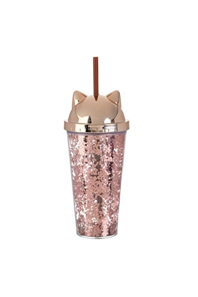 SHOPIENS Plastic Cup with Cat 3D Ear Lid, Brown Straw, Double Wall, Rose-Gold Confetti, 475 ml