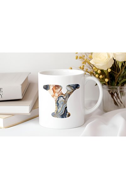 Beramussa Letter Y Marble Pattern Mug - Modern Blue Design - Coffee Tea Cup Gift