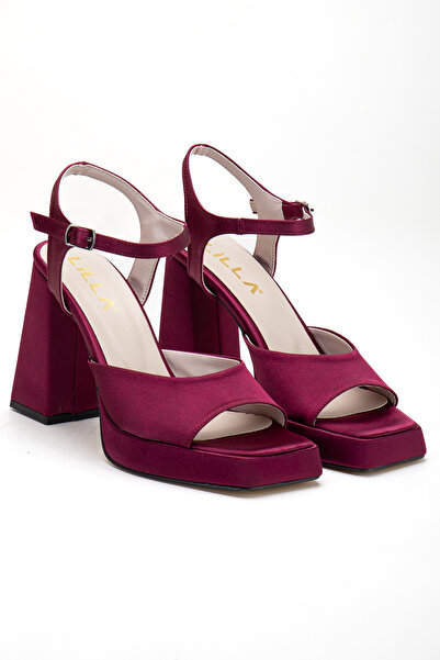 LİLLA Women's Square Platform Thick Heeled Burgundy Satin Evening Dress Shoes