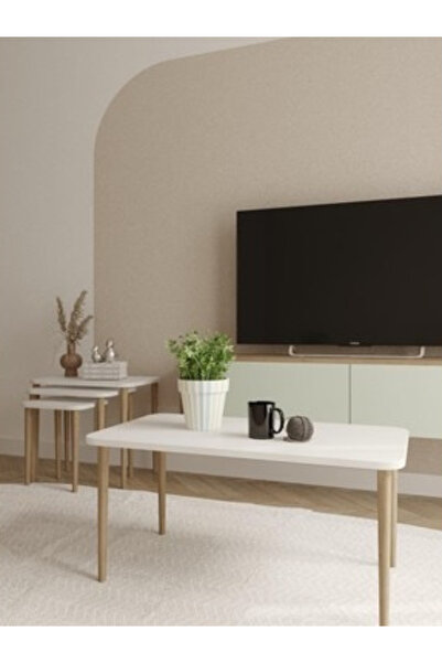 HAMADEX ZION Serisi – Beyaz Orta Sehpa 50×90 cm 1. Sınıf MDF Tabla Masif Gürg...