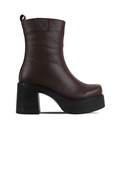 MY DERİ Divy Kadın Hakiki Deri Fermuarlı YÜksek Dolgu Topuklu Bot 4189