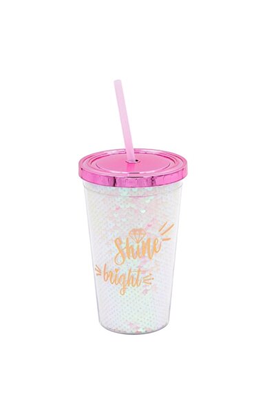 SHOPIENS Plastic Holographic Cup with Screw Lid and Straw, 0.5 L, Pink - MYONNA