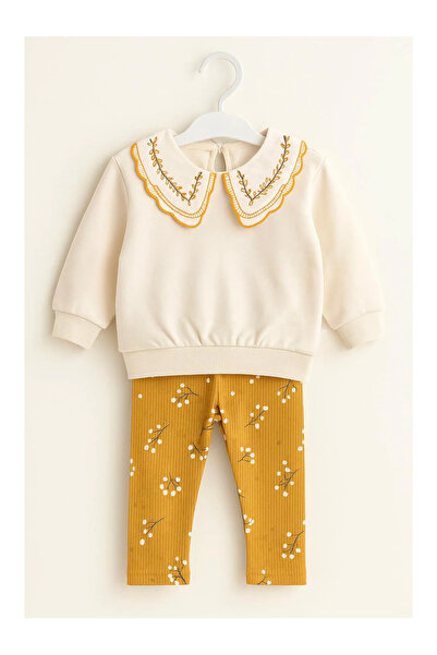 kidstalya Baby Girl Set with Floral Leggings and Baby Collar - Ecru