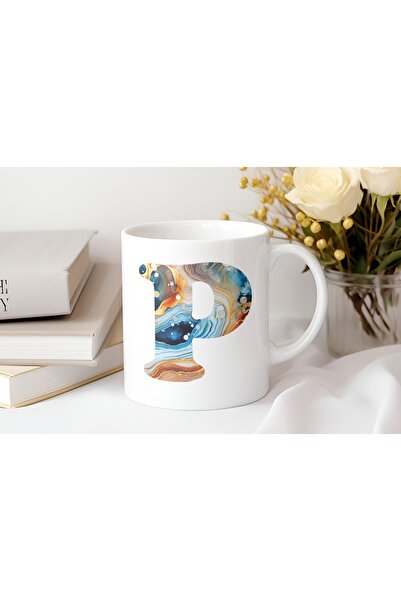 Beramussa كوب منقوش برخام على شكل حرف P - تصميم أزرق عصري - هدية كوب شاي وقهوة