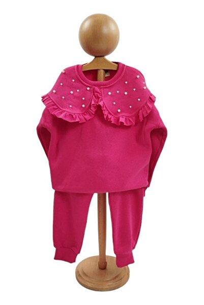 Dumledo Fuchsia Wide Collar Pearl Detailed 2-Piece Girls' Bottom - Top Tracks...