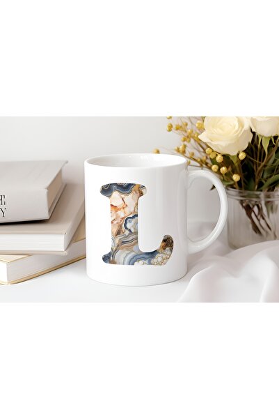 Beramussa كوب منقوش برخام على شكل حرف L - تصميم أزرق عصري - هدية كوب شاي وقهوة