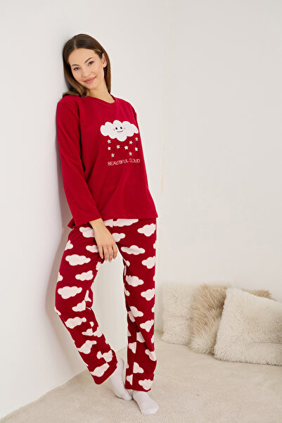 Siyah İnci Σετ χειμερινής πλεκτής πιτζάμας με κεντημένο φλις με σχέδιο μπορντό σύννεφο