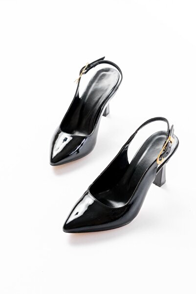 Budi 719 Black Patent Leather Pointed Toe Buckle Detailed Heeled Women's Shoes