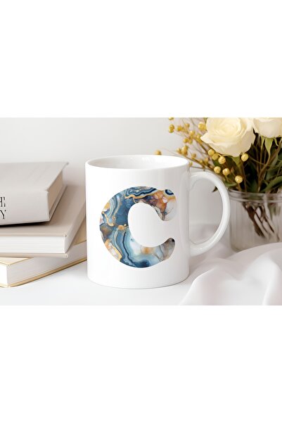 Beramussa كوب حرف C بنمط رخامي - تصميم أزرق عصري - هدية كوب للقهوة والشاي
