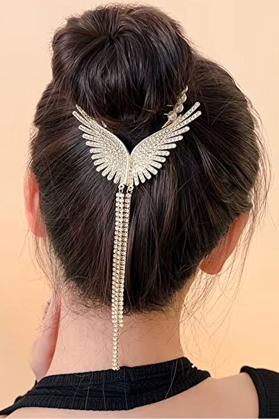 CAŞ DEKORASYON Gold Color Angel Wing Bun Hairpin with Pearls and Stones