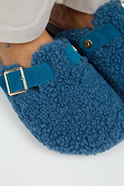Manijero Suzen Teddy Women's Furry Genuine Leather Belt Buckle Night Blue Slippers
