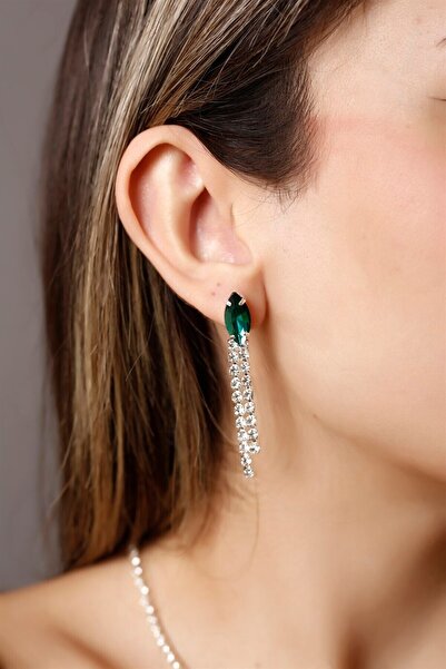 BİJUTERRİ Gümüş Kaplama Yeşil Kristal Taşlı Küpe Özel Günler Küpe Düğün Nişan Abiye Küpe