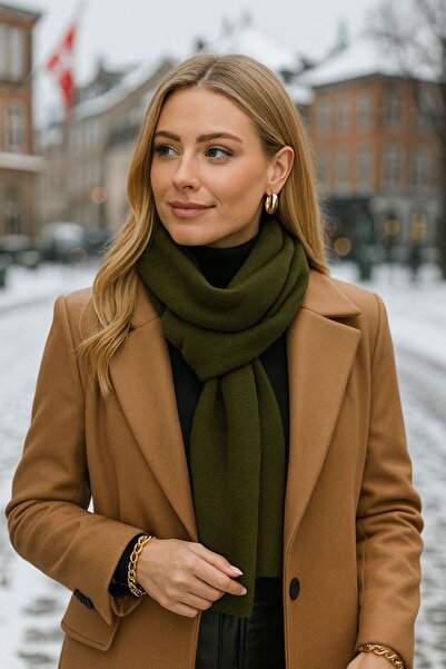 FELLMENS Khaki Brown Knitted Shawl with Stitched Edges 43X220 cm