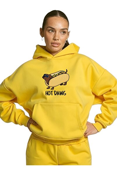 ArtYus سويت شيرت بقلنسوة كبير الحجم من القطن مطبوع عليه ألوان الهوت دوج للجنسين