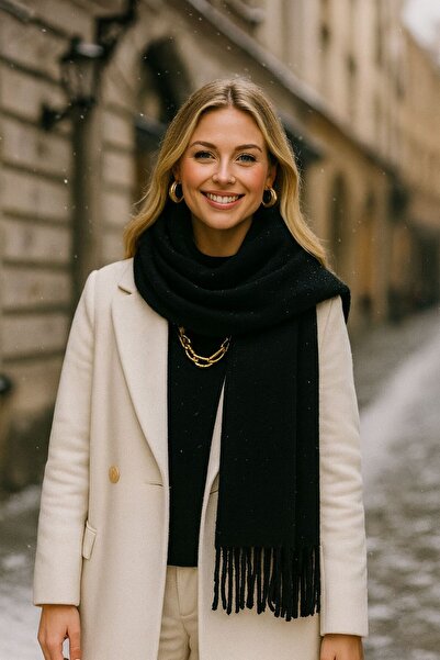 FELLMENS Black Soft Textured Fringed Thick Women's Shawl