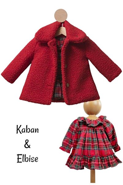 Dumledo Red Cashmere Coat and Plaid New Year Dress 2-Piece Baby Girl Bottom-T...